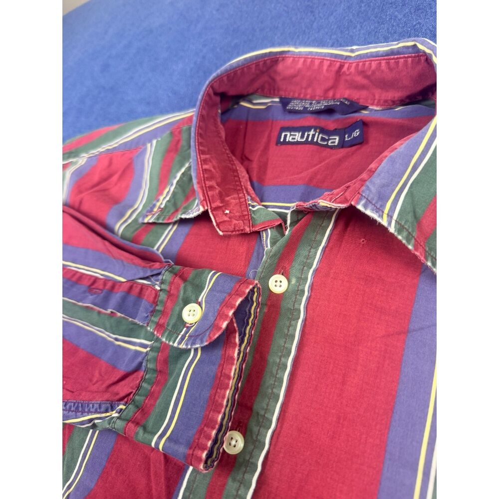 Vintage Nautica L/G Button Down Shirt Multicolor Striped 90s Preppy